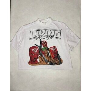 Living To Die LTD White Graphic Tee S Oversized Cropped Mock Neck Streetwear